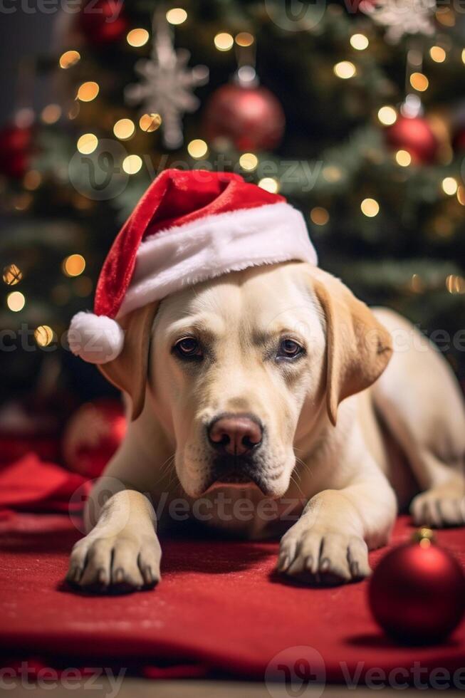 Cheerful Labrador in santa hat lays against winter snow background outdoor. Merry Christmas and Happy New Year. photo