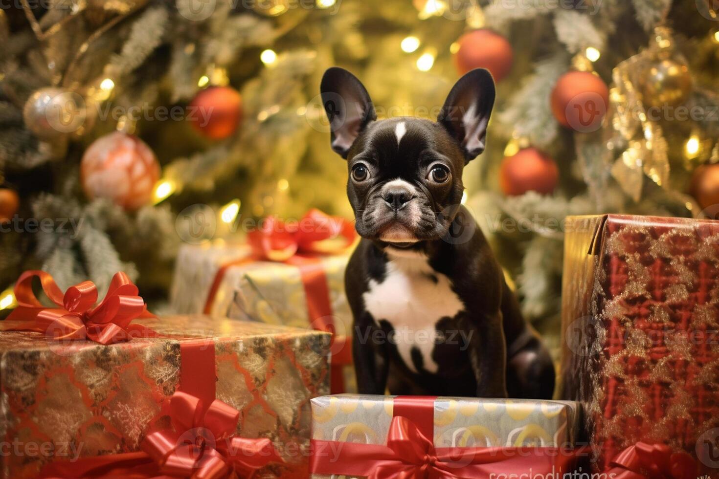 Dog near christmas tree at home. Cheerful French bulldog posing against Christmas background. . photo
