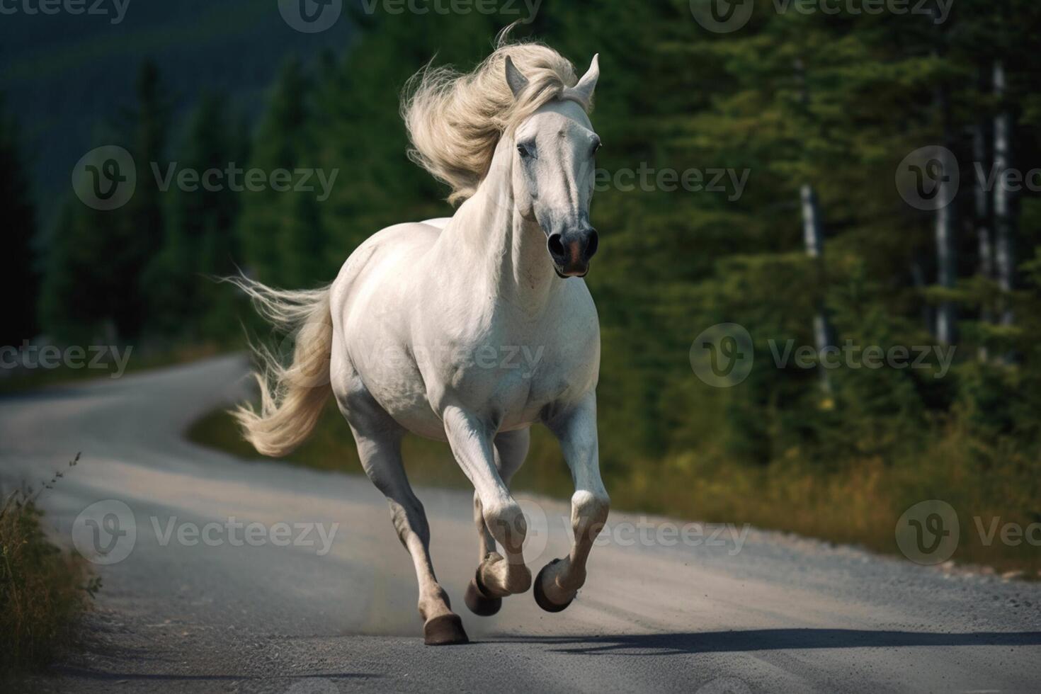 White horse running in fog clouds, created with technology photo