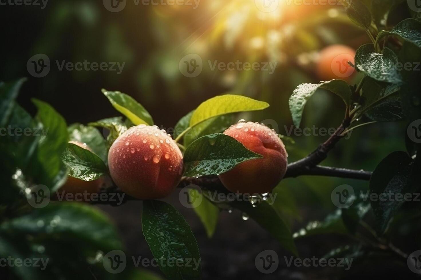 Fresh peaches wih drops of water. Natural Fruit growing on a tree in the summer. Garden with ripened fruits on sunset light. Delicious and healthy organic nutrition.  Copy space. Generative AI. photo