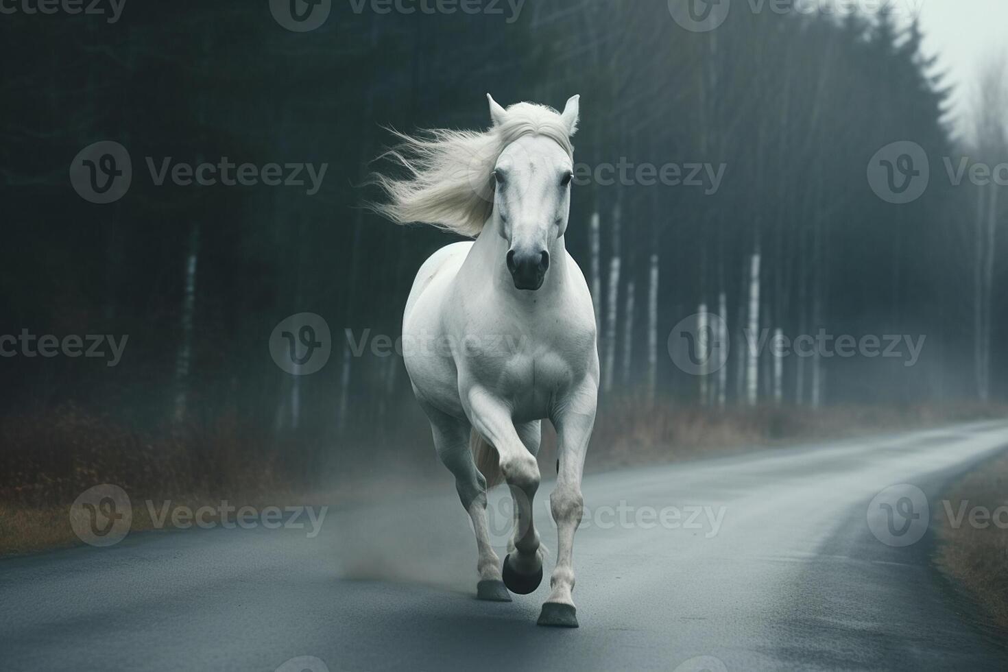 White horse running on road on fog forest background, created with technology photo