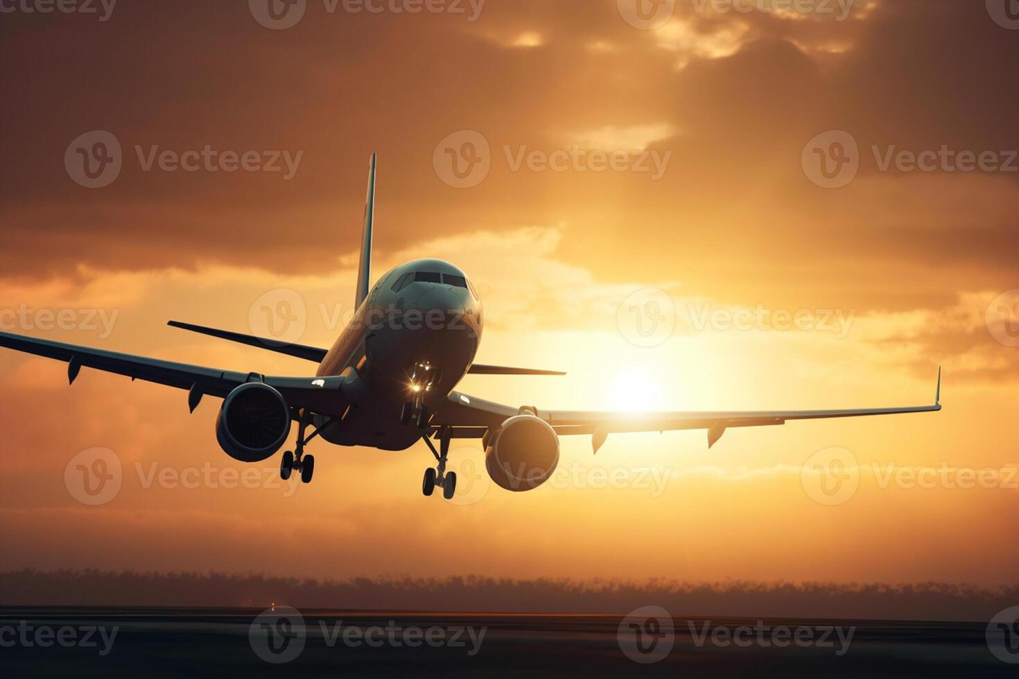 Landing a plane against a colorful sky at sunset. Passenger aircraft flying up over the clouds in the sunset light. The concept of fast travel, recreation and business.  Generative AI photo