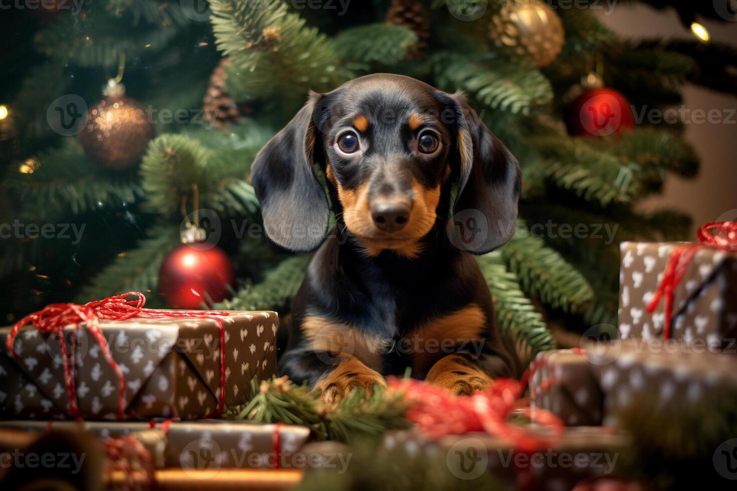 Dog near christmas tree at home. Cheerful dachshund puppy posing against Christmas background. . photo