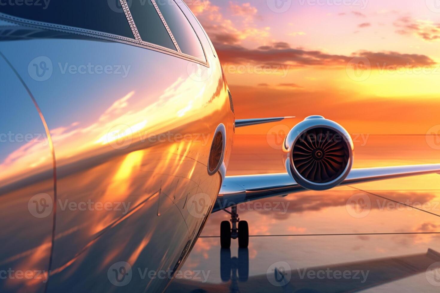 Landing plane against a golden sky at sunset. Passenger aircraft close up in sunset light. The concept of fast travel, recreation and business.  Generative AI photo