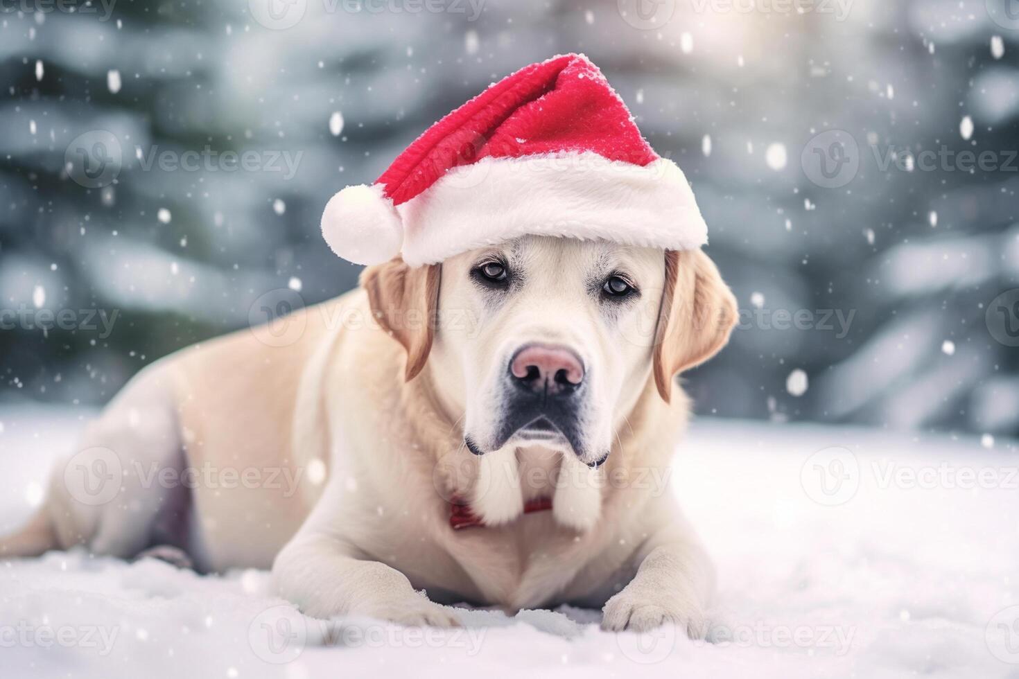 Cheerful Labrador in santa hat against winter snow background outdoor. Merry Christmas and Happy New Year. photo