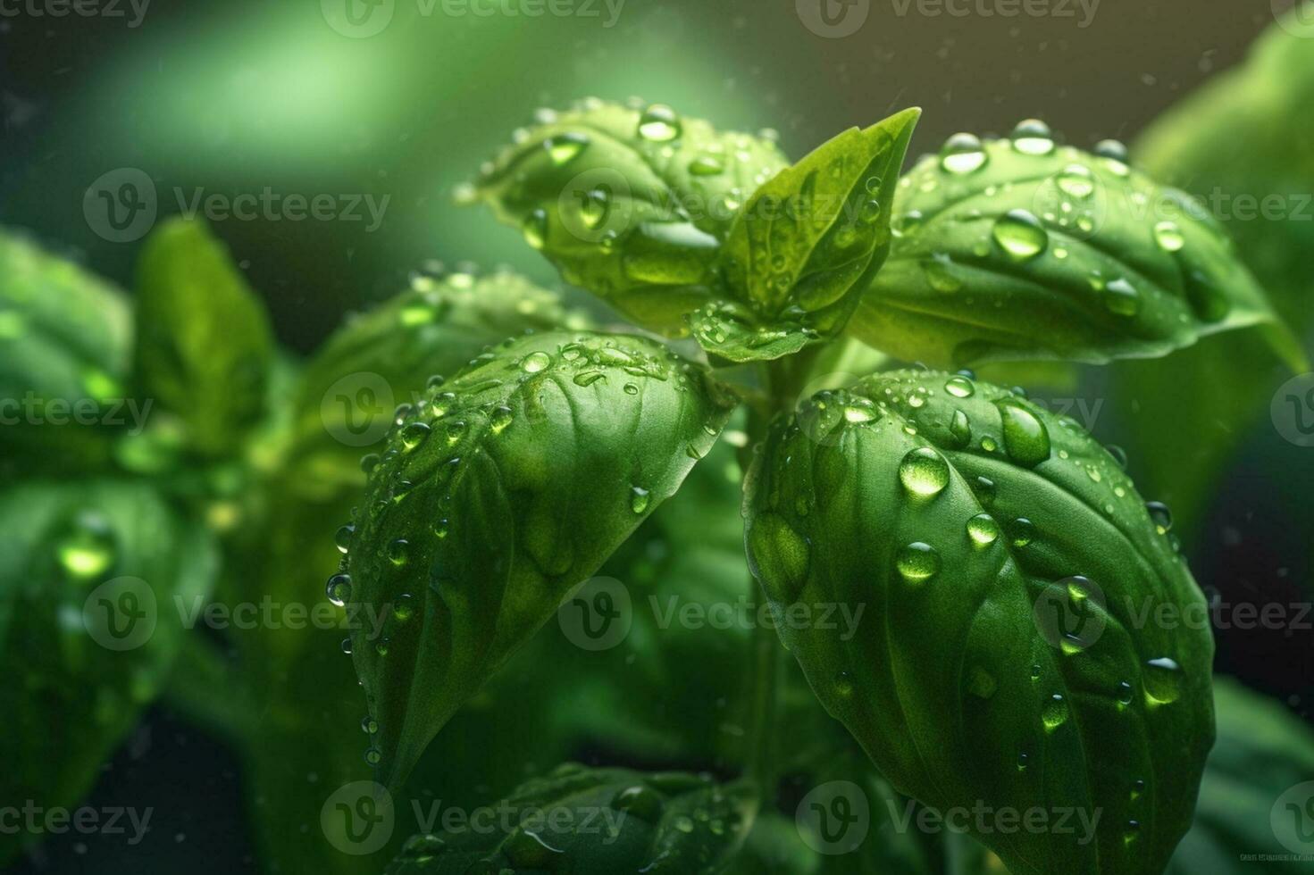 Fresh sweet basil leaves with drops of water. Basil plant with green leaves on dark background. Fresh herbs for cooking, used in cuisines worldwide. Ocimum basilicum. Health eating photo