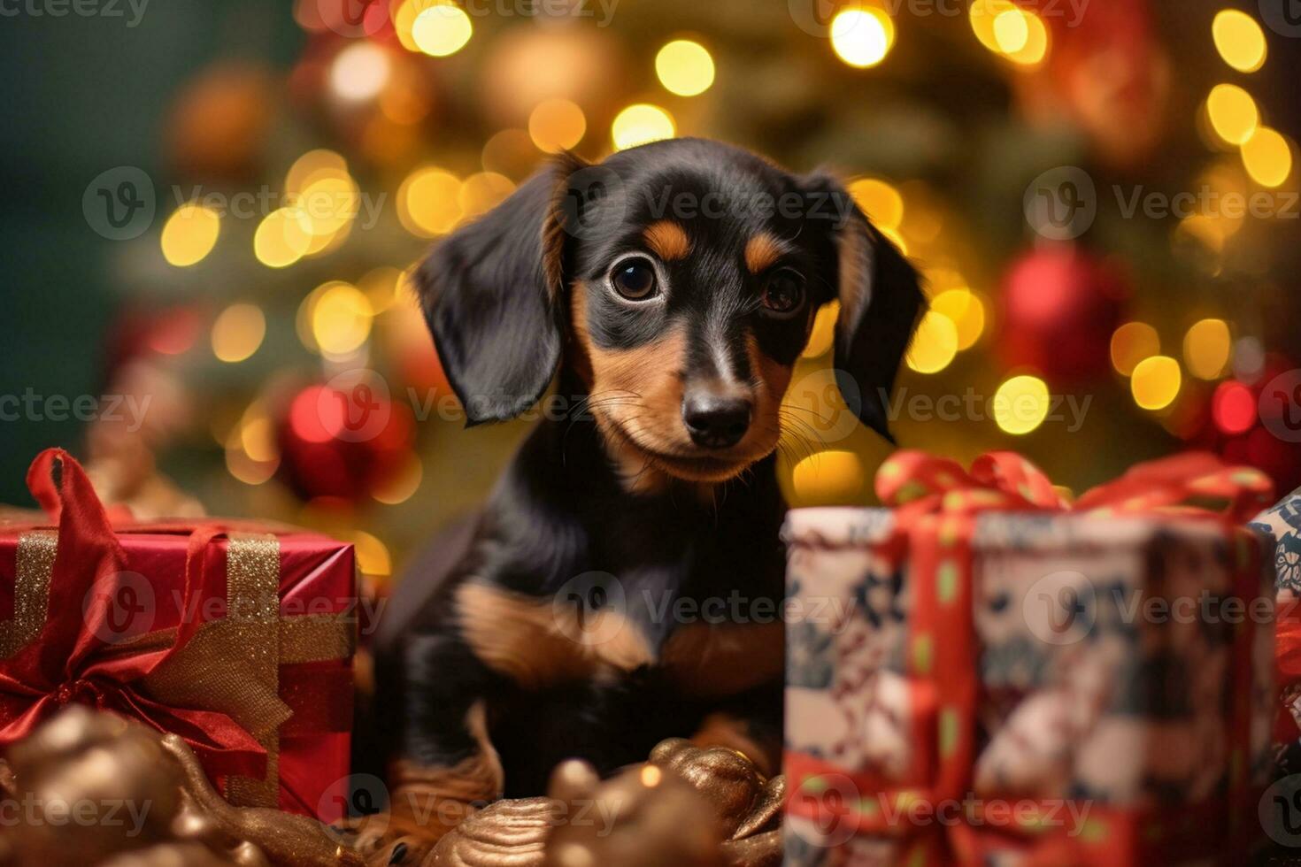 perro cerca Navidad árbol a hogar. alegre perro tejonero perrito posando en contra Navidad antecedentes. generativo ai. foto