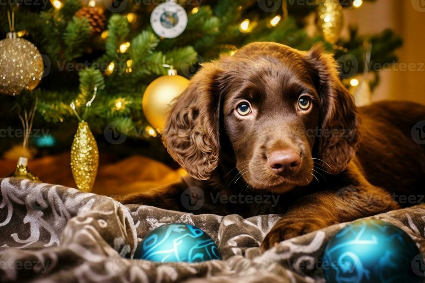 Dog near christmas tree at home. Brown spaniel posing against Christmas background. Generative AI. photo