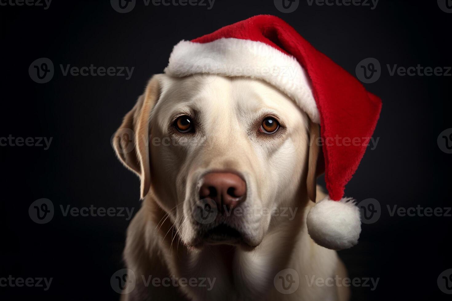 Cheerful brown Labrador in santa hat against black background. Merry Christmas and Happy New Year. Close up. photo