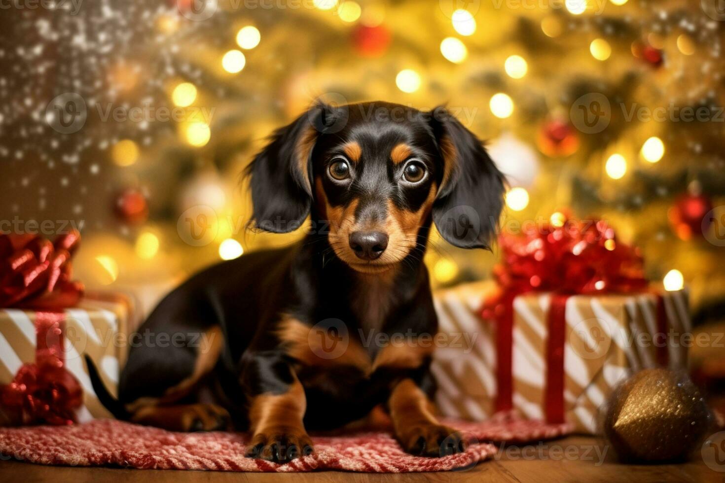 Dog near christmas tree at home. Cheerful dachshund puppy posing against Christmas background.  Generative AI. photo
