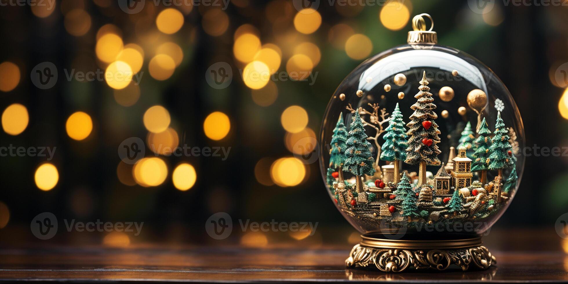 Christmas banner with snow globe. Winter fir tree in glass ball. Merry Christmas and Happy New Year. Festive decoration, 3d illustration. Banner with copy space. Generative AI photo