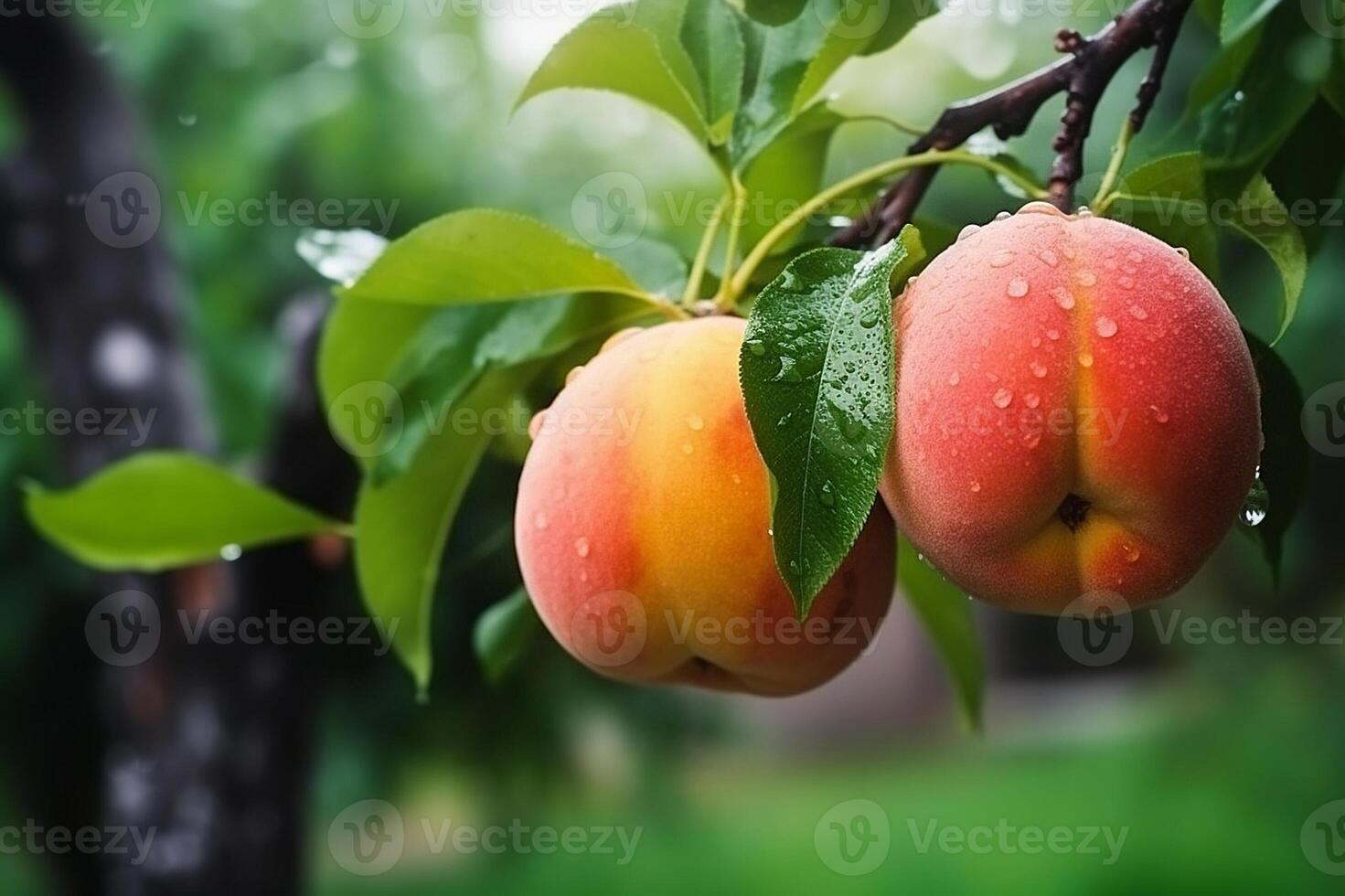 Fresh peaches with rain drops of water. Natural Fruit growing on a tree in the summer. Garden with ripened fruits. Delicious and healthy organic nutrition.  Copy space. Generative AI. photo