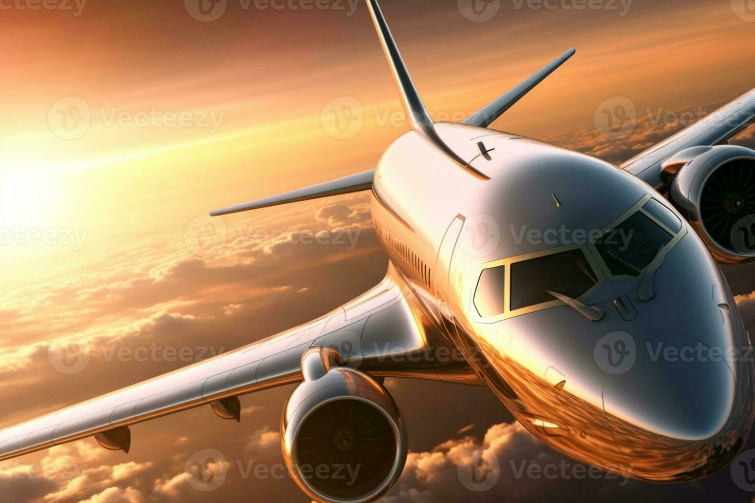 Passenger plane close up flying over the clouds in the sunset light. The concept of fast travel, recreation and business. Commercial aircraft. Private jet. Generative AI photo