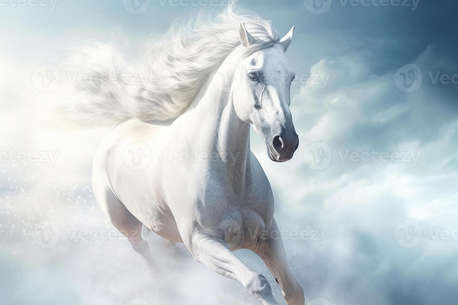 White horse running in fog clouds, created with technology photo