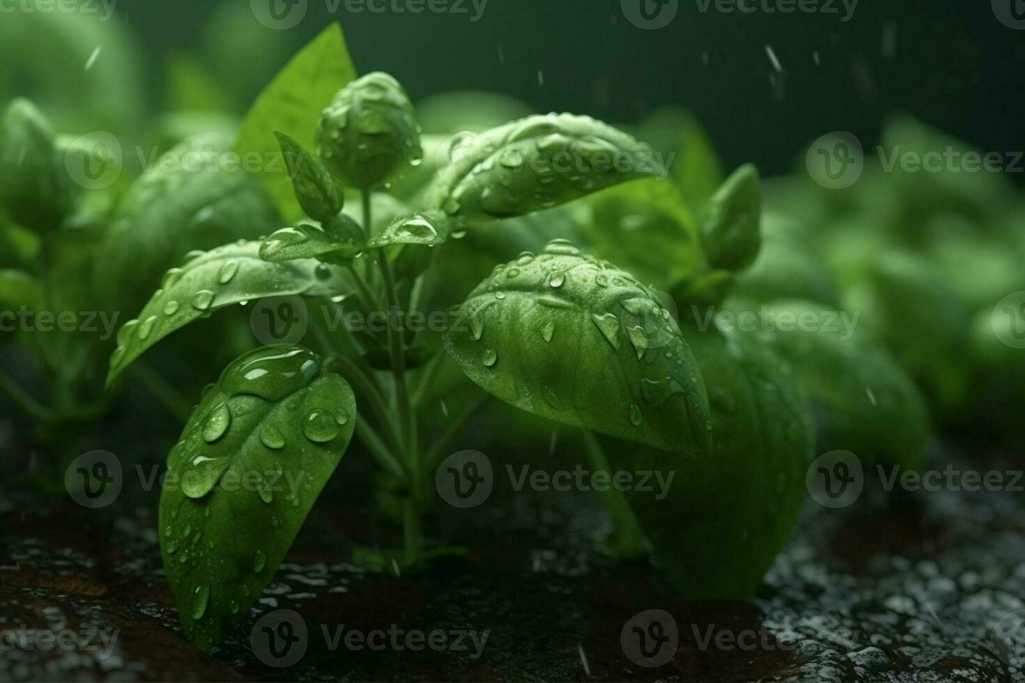 Fresh sweet basil leaves with drops of water. Basil plant with green leaves on dark background. Fresh herbs for cooking, used in cuisines worldwide. Ocimum basilicum. Health eating photo