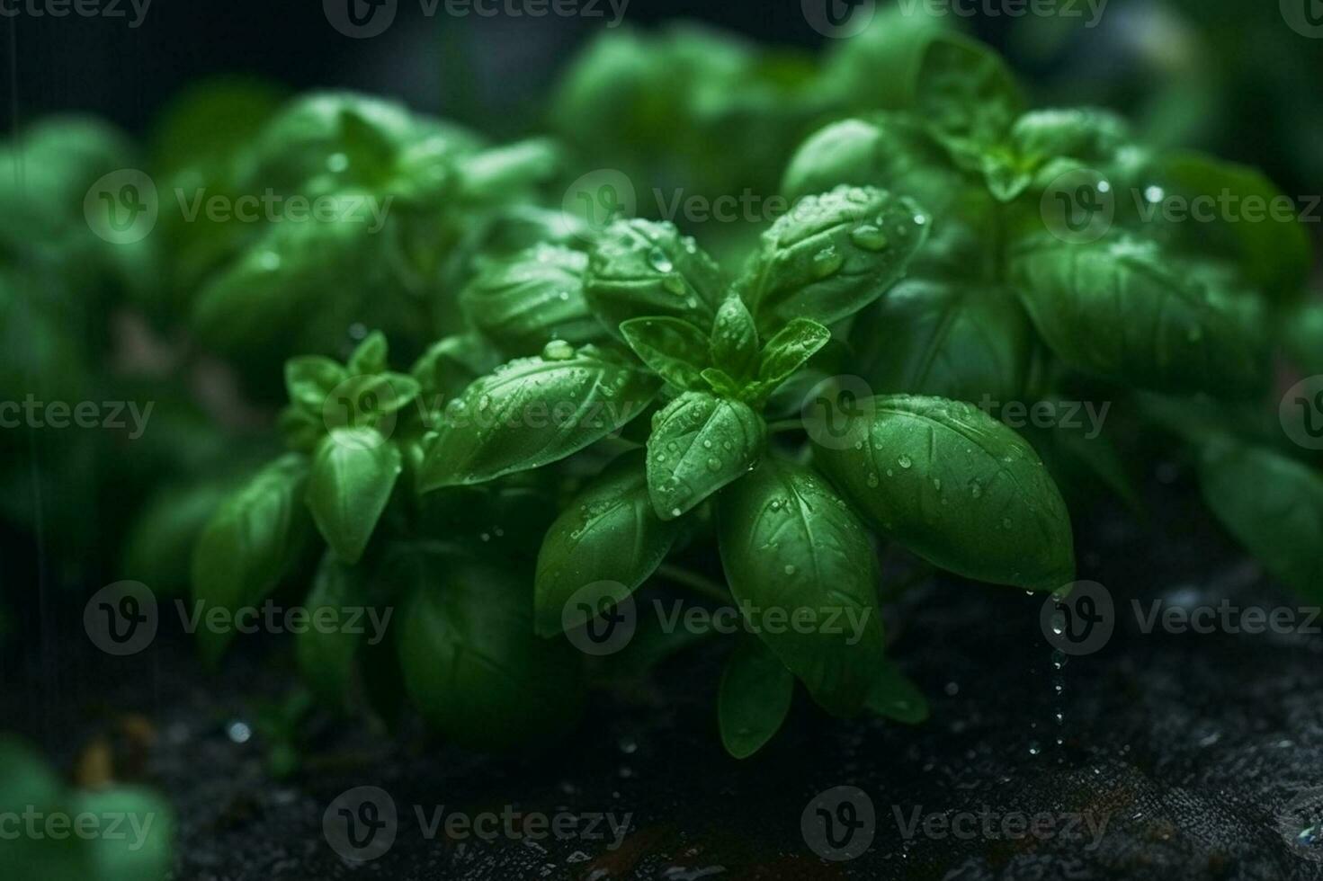 Fresh sweet basil leaves with drops of water. Basil plant with green leaves on dark background. Fresh herbs for cooking, used in cuisines worldwide. Ocimum basilicum. Health eating photo