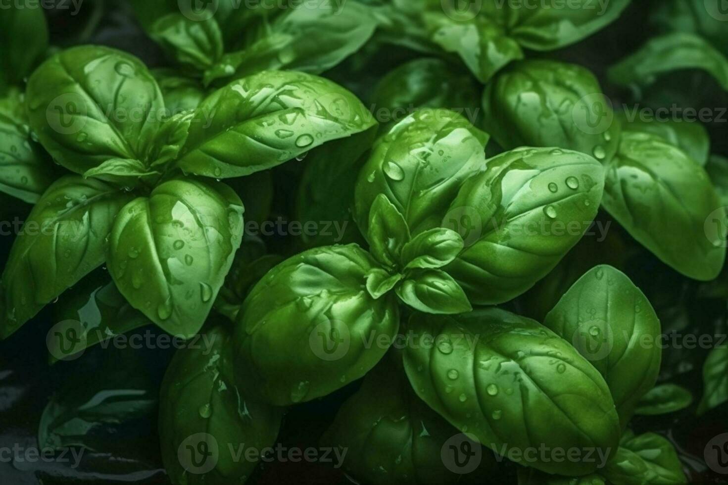 Fresh sweet basil leaves with drops of water. Basil plant with green leaves on dark background. Fresh herbs for cooking, used in cuisines worldwide. Ocimum basilicum. Health eating photo
