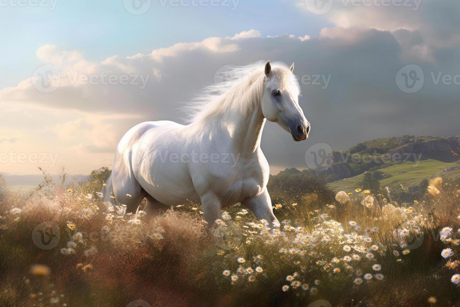 White horse standing on a grass meadow on summer sunset, created with technology photo