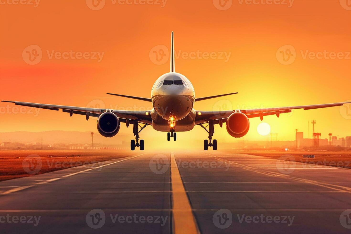 Landing a plane against a golden sky at sunset. Passenger aircraft flying up in sunset light. The concept of fast travel, recreation and business.  Generative AI photo