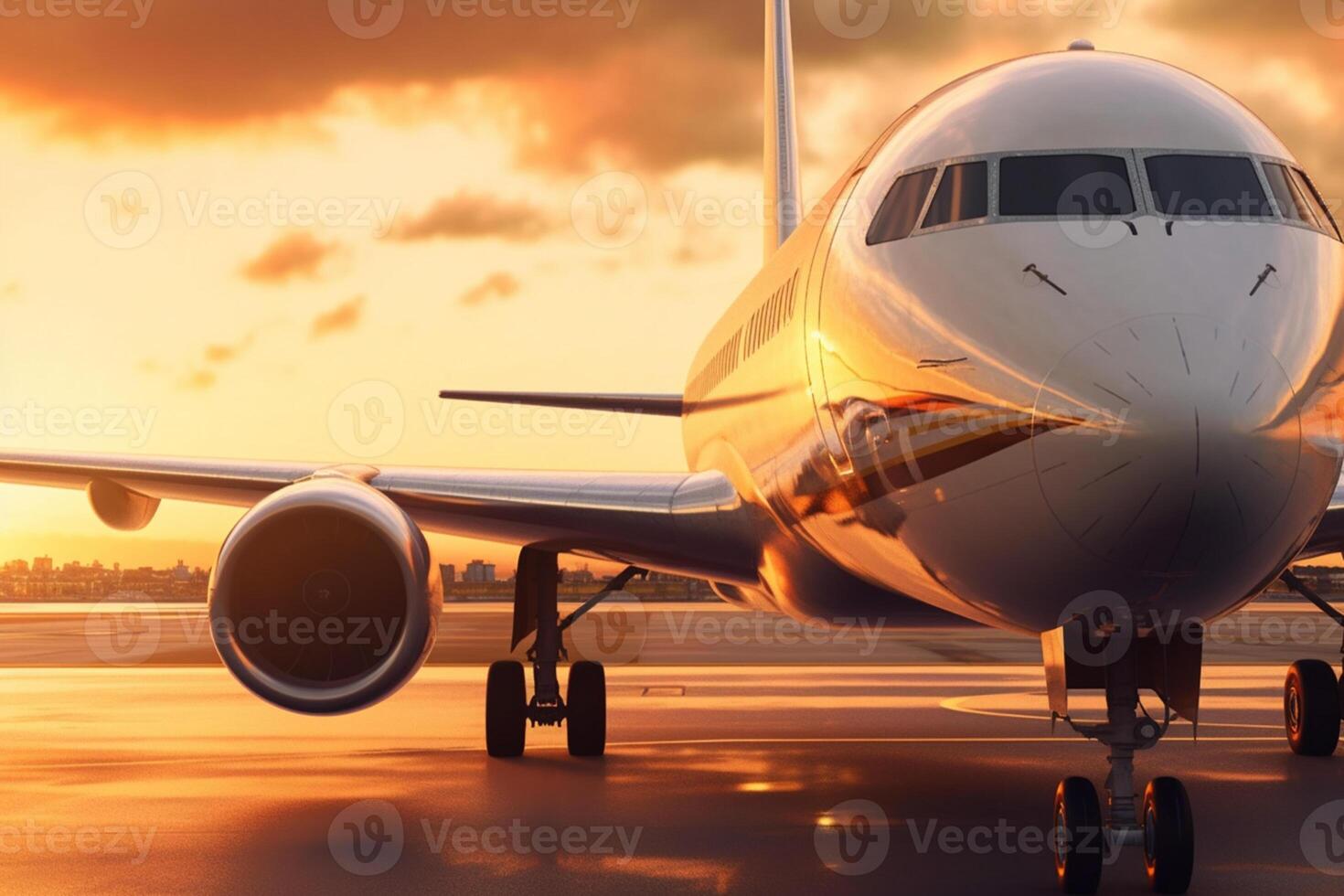 aterrizaje avión en contra un dorado cielo a puesta de sol. pasajero aeronave cerca arriba en puesta de sol ligero. el concepto de rápido viajar, recreación y negocio. generativo ai foto