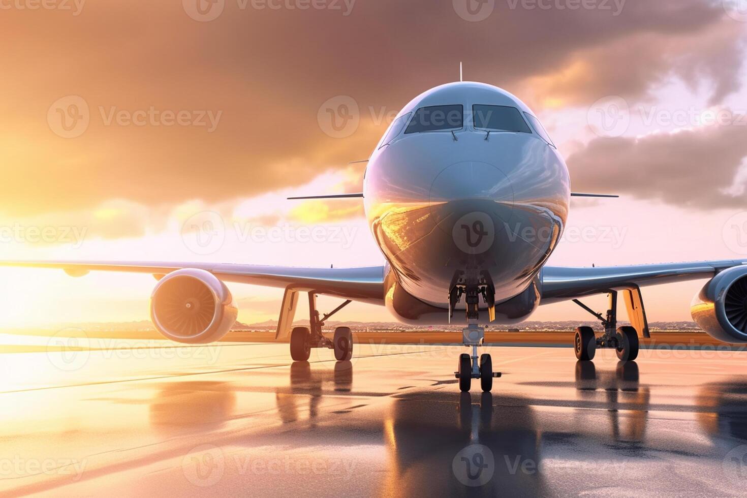 Landing plane against a golden sky at sunset. Passenger aircraft close up in sunset light. The concept of fast travel, recreation and business. photo