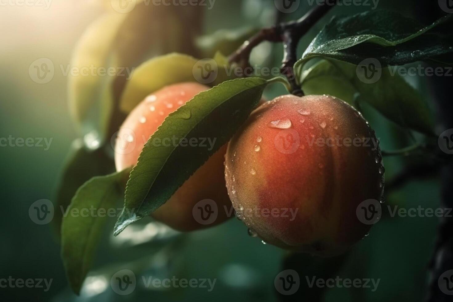 Fresh peaches wih drops of water. Natural Fruit growing on a tree in the summer. Garden with ripened fruits. Delicious and healthy organic nutrition.  Copy space. Generative AI. photo