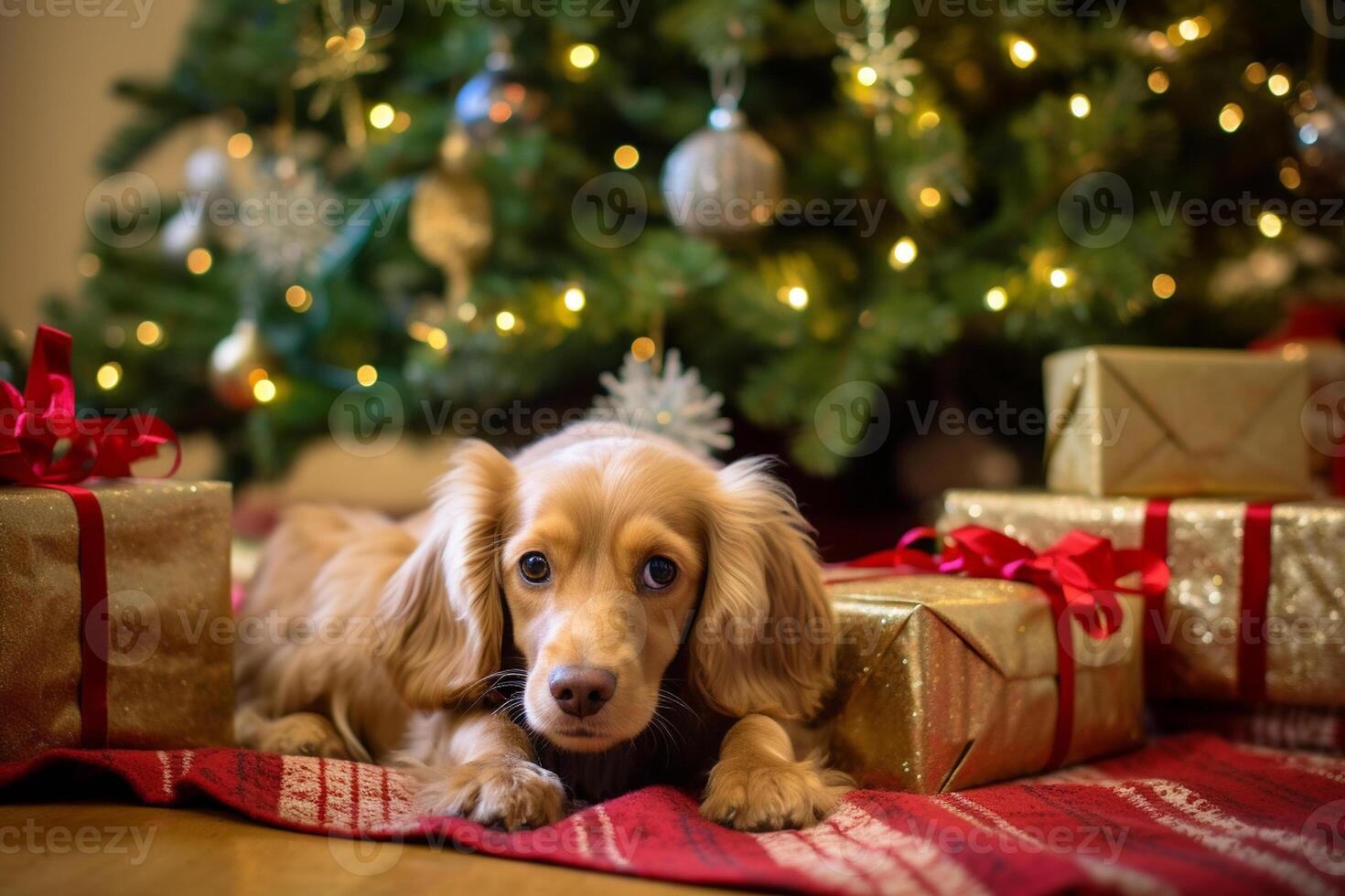 Dog near christmas tree at home. Cheerful dog posing against Christmas background. Generative AI. photo