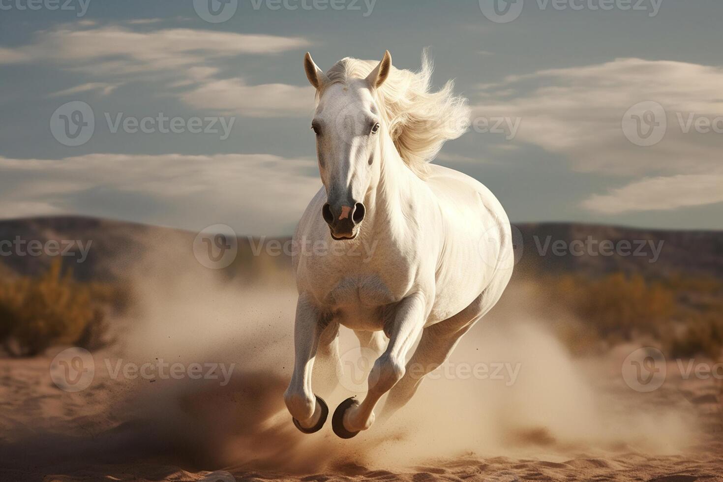 White horse running on the sand, created with technology photo