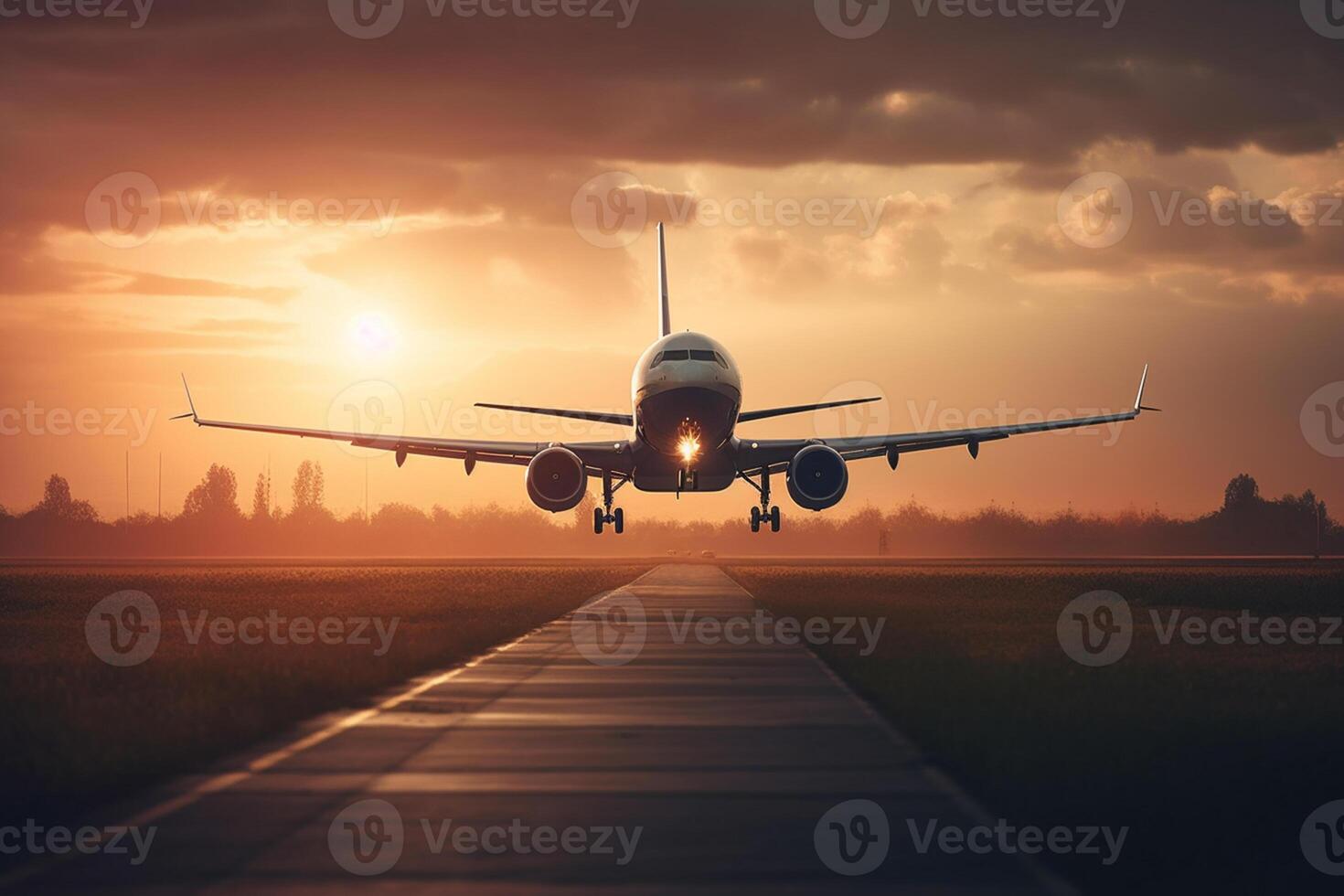 Landing a plane against a colorful sky at sunset. Passenger aircraft flying up over the clouds in the sunset light. The concept of fast travel, recreation and business.  Generative AI photo