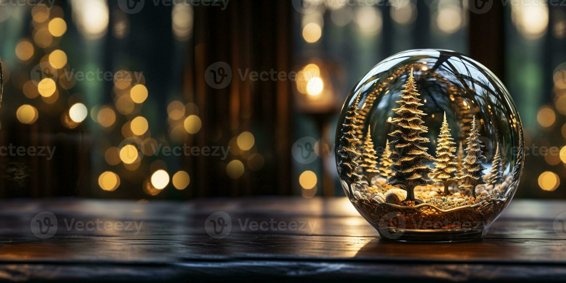 Christmas banner with snow globe. Winter fir tree in glass ball. Merry Christmas and Happy New Year. Festive decoration, 3d illustration. Banner with copy space. Generative AI photo