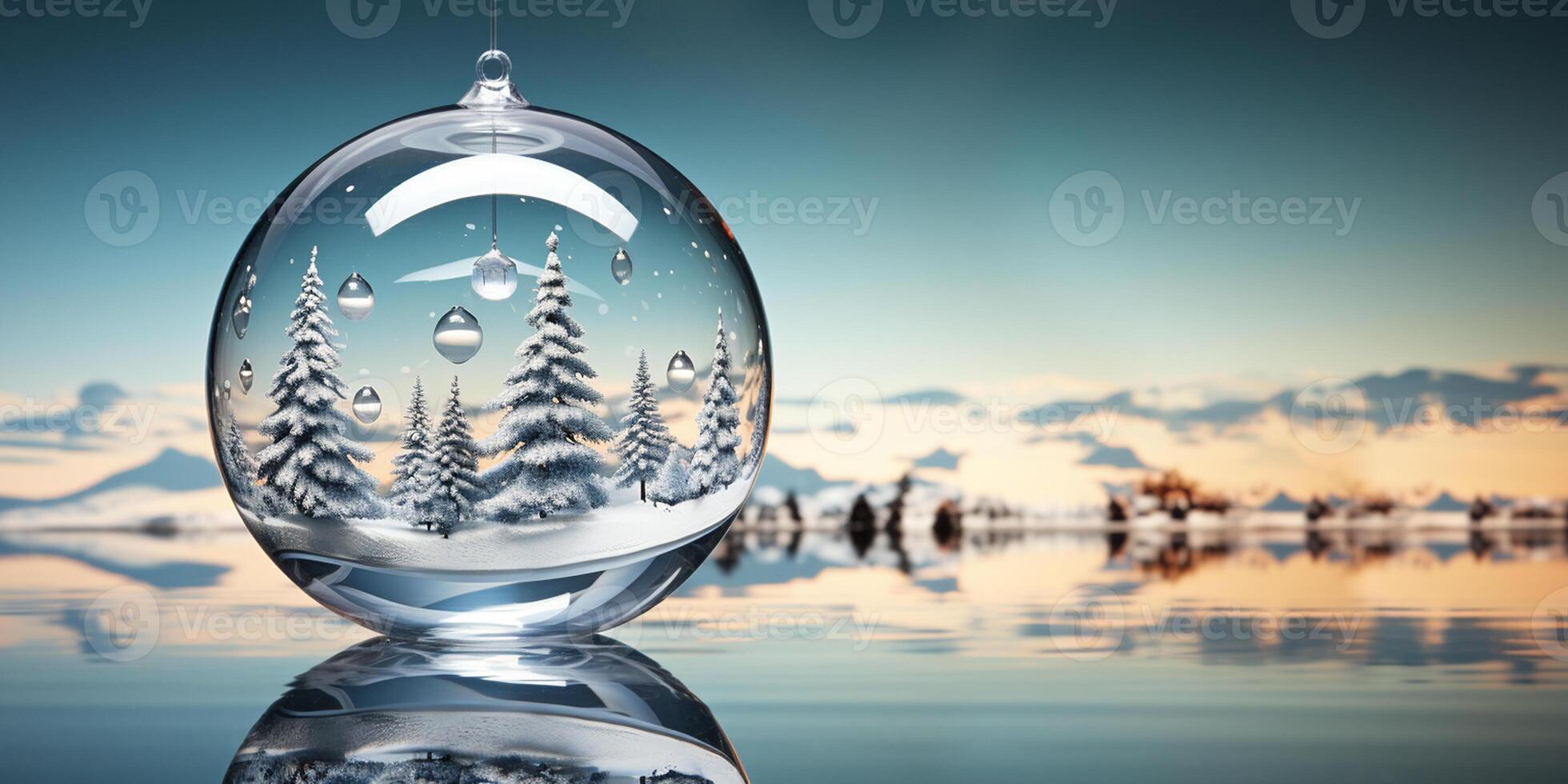 Christmas banner with snow globe. Winter fir tree in glass ball. Merry Christmas and Happy New Year. Festive decoration, 3d illustration. Banner with copy space. Generative AI photo