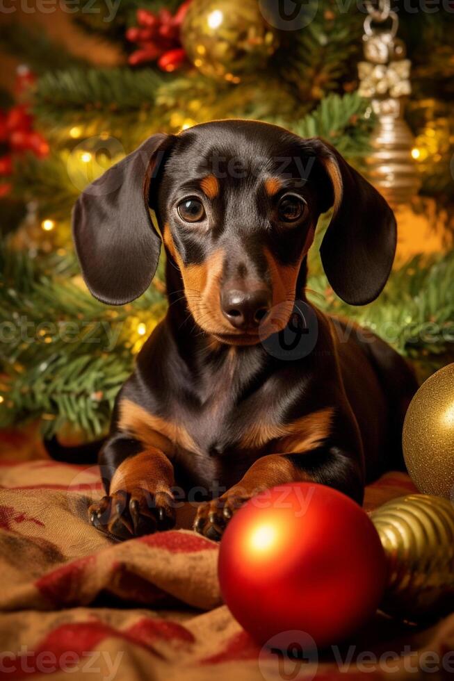 Dog near christmas tree at home. Cheerful dachshund puppy posing against Christmas background.  Generative AI. photo