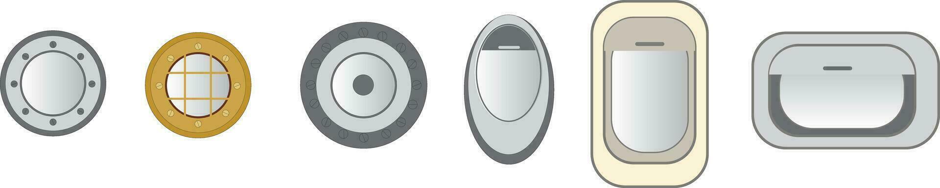 Various vector isolated portholes. Submarine, plane and ship window. Illustration of porthole glass for aircraft and ships