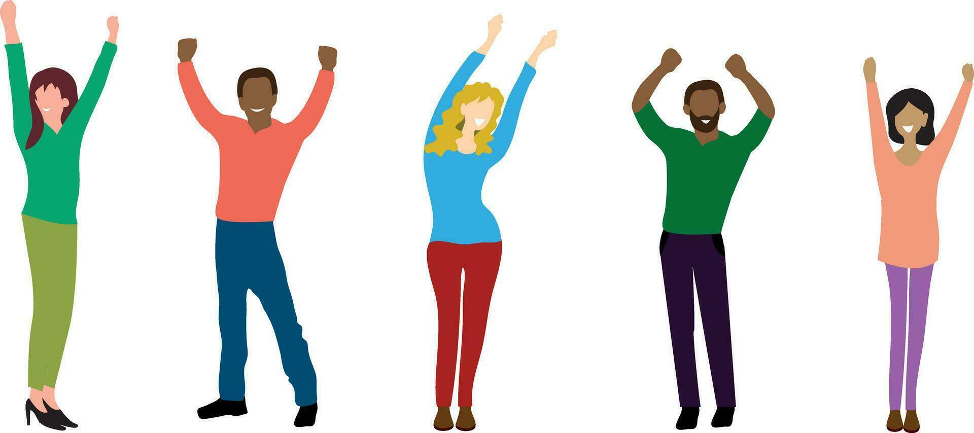 Set of portrait images of girls and guys of different nationalities with their hands raised above their heads, flat vector on a white background, faceless illustration