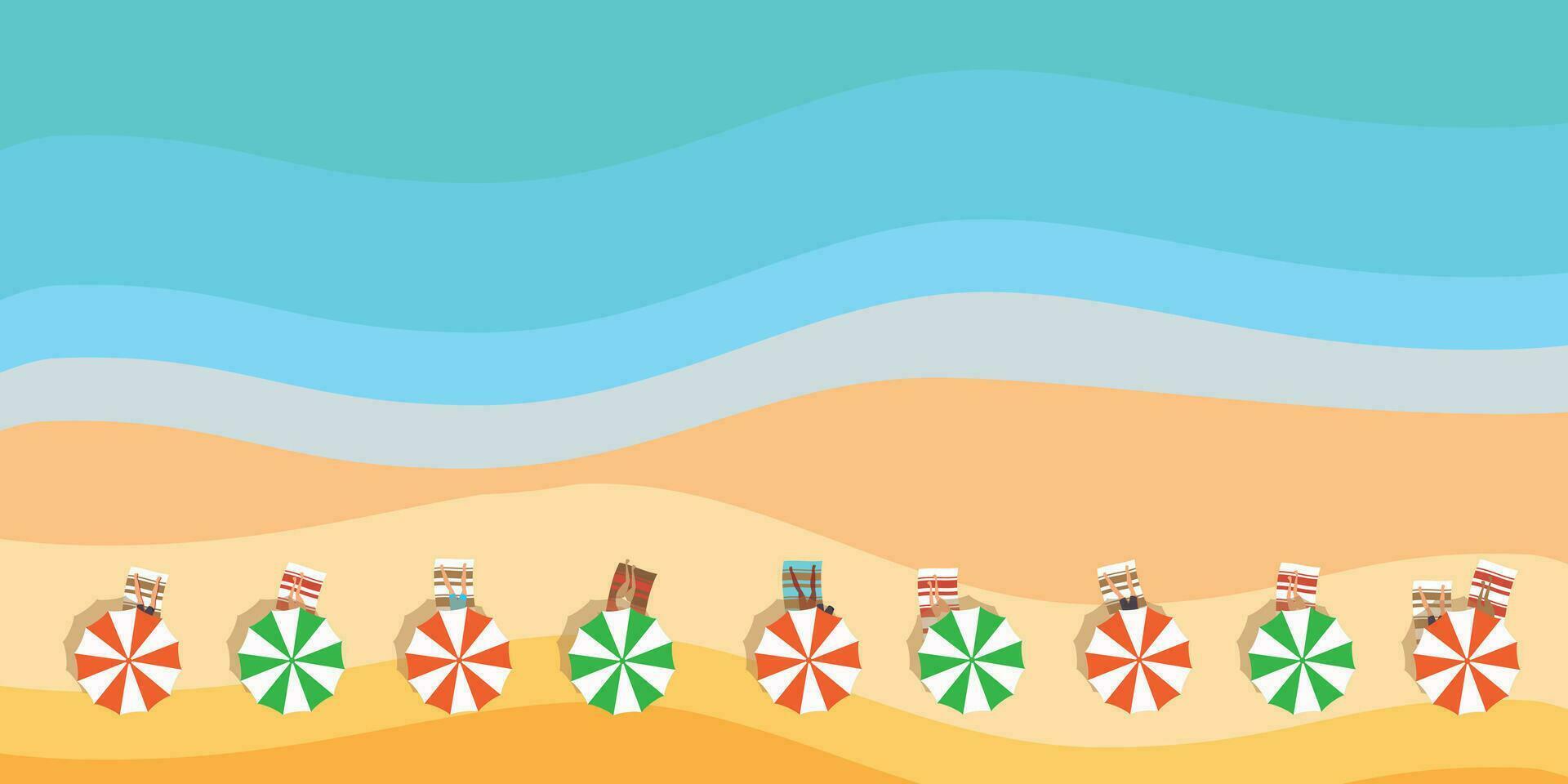 el playa con mar, arena y el salón sillas debajo el rojo y verde sombrilla. verano vacaciones o verano rebaja concepto. vector