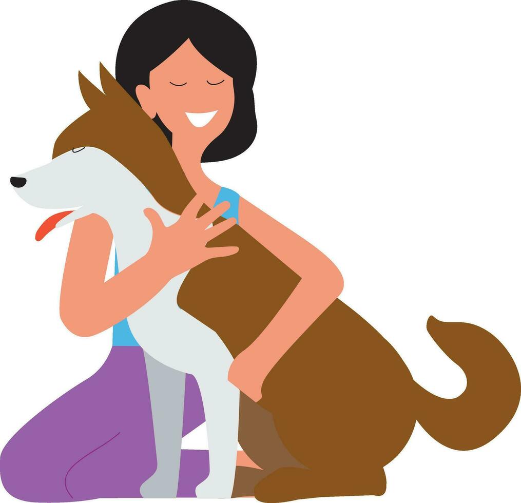 un mujer abrazo su perro con calor y amar, el concepto de el relación Entre humanos y su mascotas, adoptar no lo hagas tienda vector