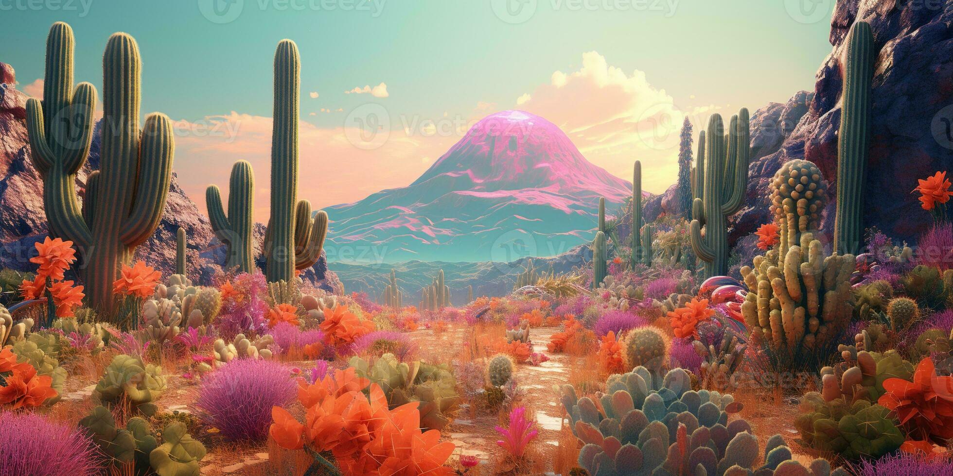 Generative AI, psychedelic and surreal scenery with cactus in the desert. Landscape of the wild west photo