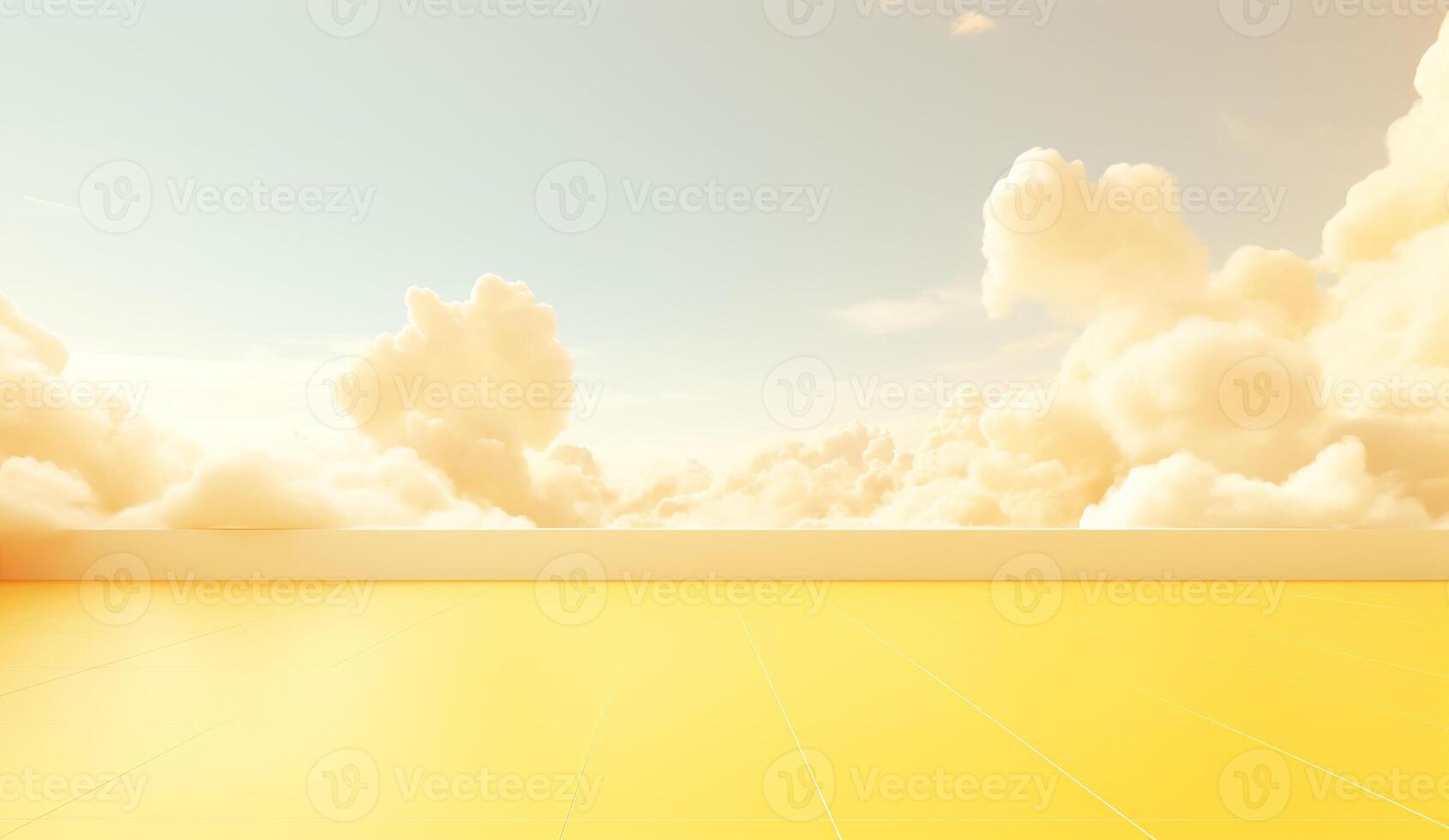 Generative AI, Light yellow fantastic 3d clouds on the floor, sky and landscape. Gentle colors and with bright lights. photo