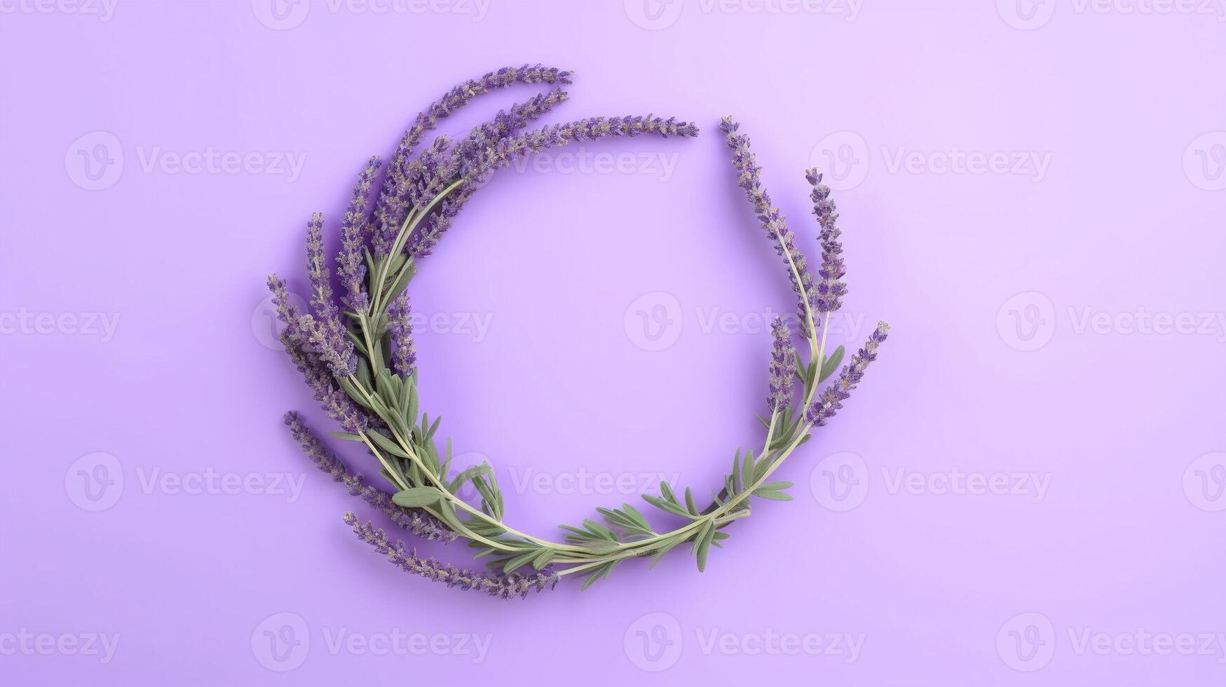 Generative AI, wreath of lavender branches flowers with copy space, natural organic floral frame violet background photo