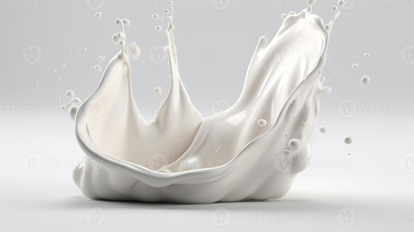 Generative AI, Flowing liquid with splashes in white color. Glossy creamy milk fluid banner, 3D effect, modern macro photorealistic abstract background illustration photo