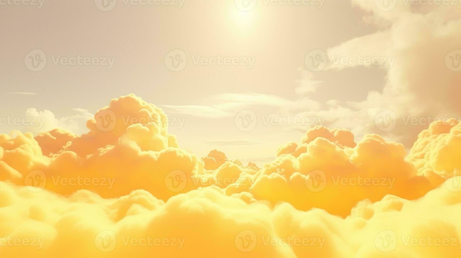 Generative AI, Light yellow fantastic 3d clouds on the floor, sky and landscape. Gentle colors and with bright lights. photo