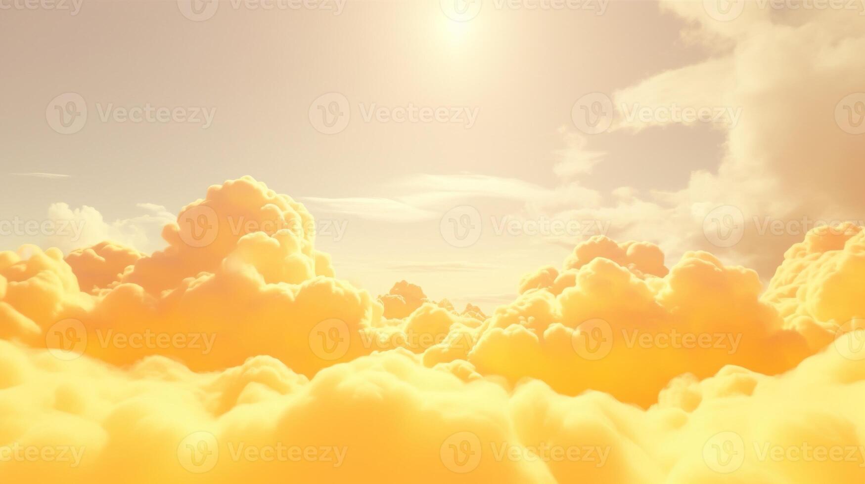 Generative AI, Light yellow fantastic 3d clouds on the floor, sky and landscape. Gentle colors and with bright lights. photo