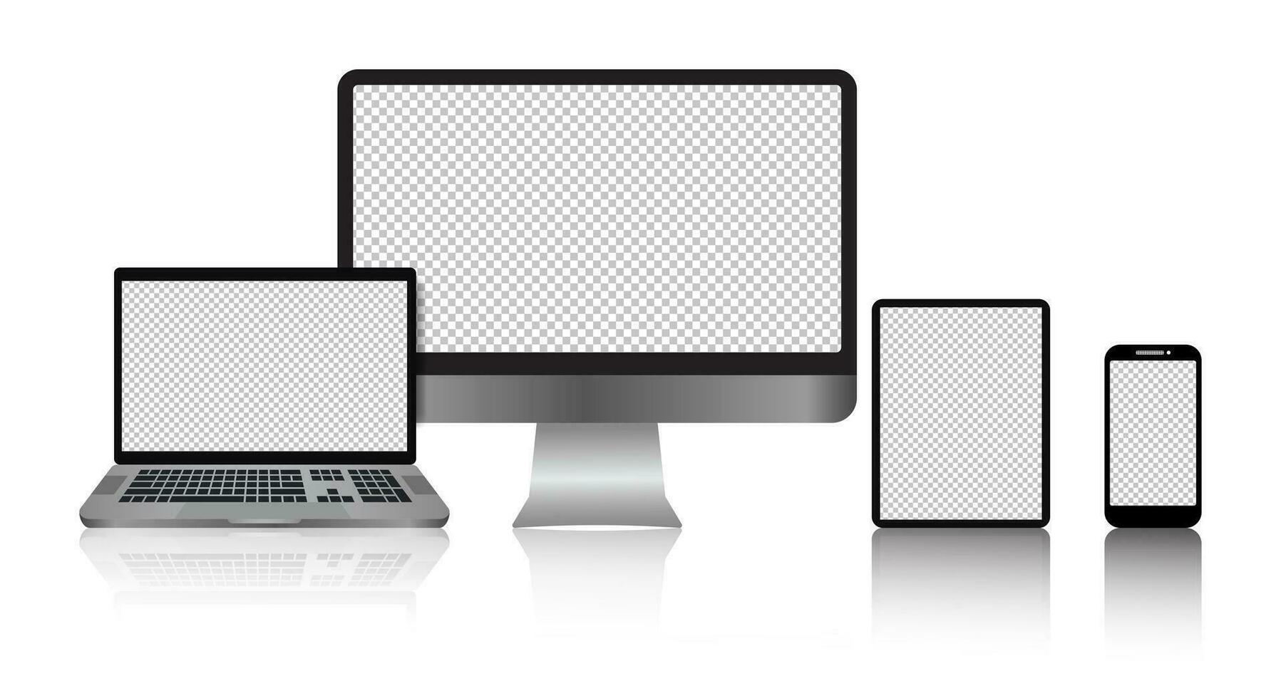 Realistic electronic devices - computer monitors, desktops, laptops, tablets, smartphones, mobile phones, telephones. Vector illustration element