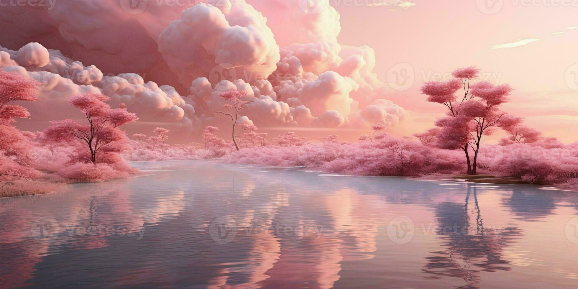 Generative AI, Pink magenta fantastic clouds, sky and landscape. Gentle colors and with bright lights photo