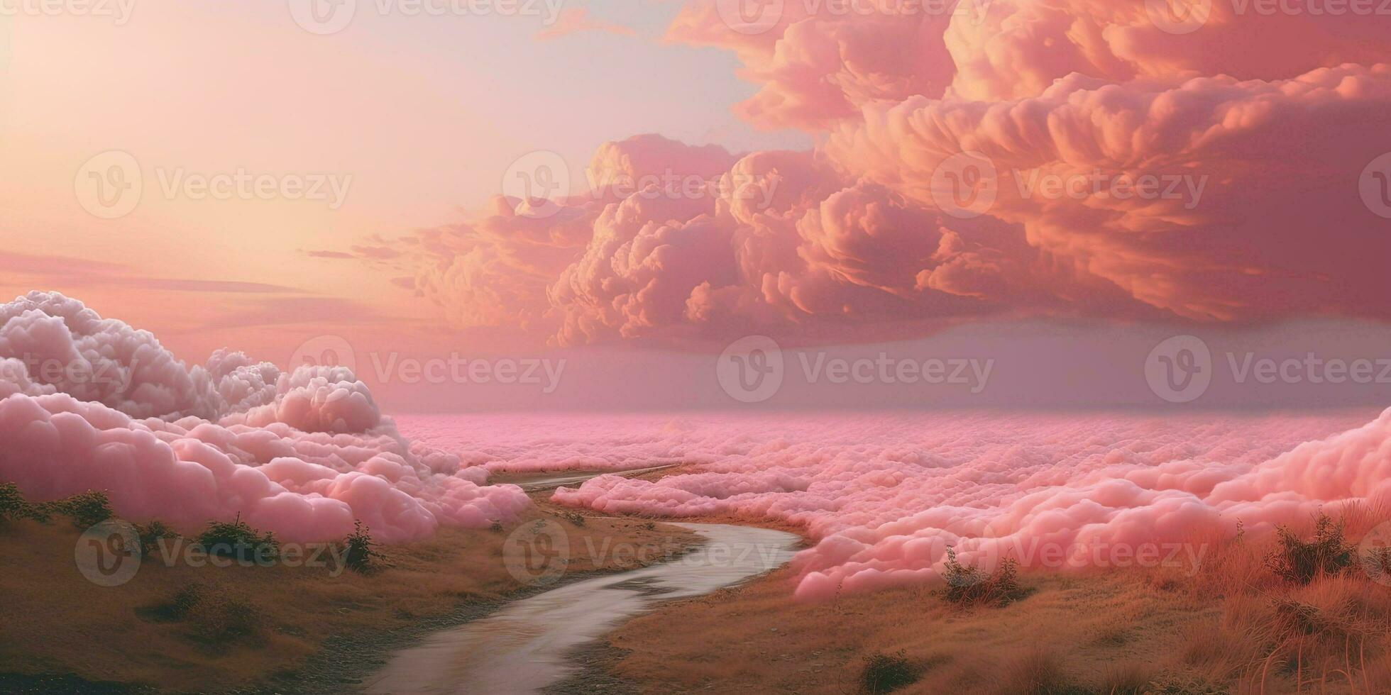 Generative AI, Pink magenta fantastic clouds, sky and landscape. Gentle colors and with bright lights photo