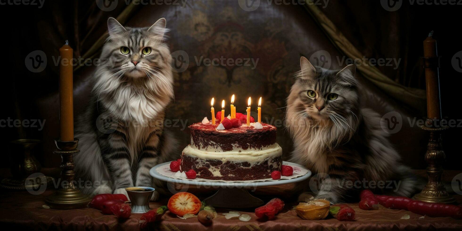 Generative AI, Cat birthday party, cake with a candles photo