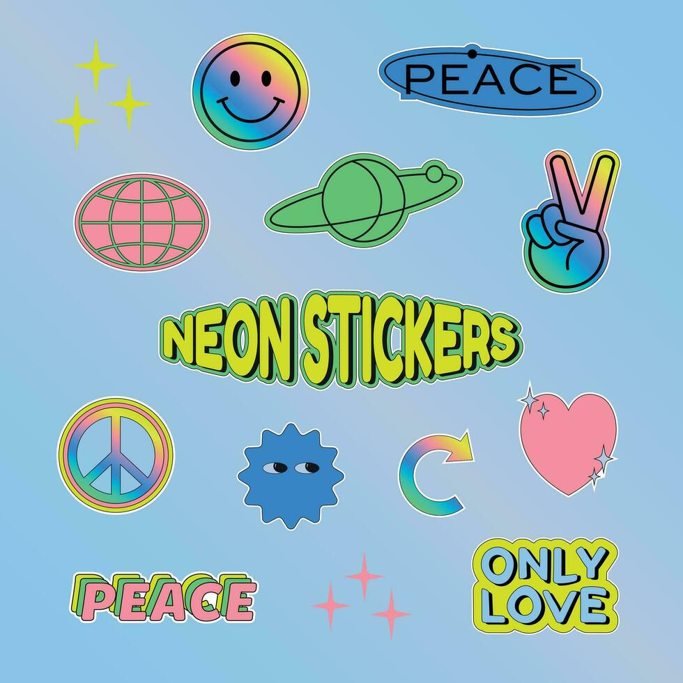 An awesome collection of vibrant, modern, and retro stickers. Spread good vibes with bold, bright, and edgy designs. Perfect for adding a touch of creativity and positive energy to your projects vector