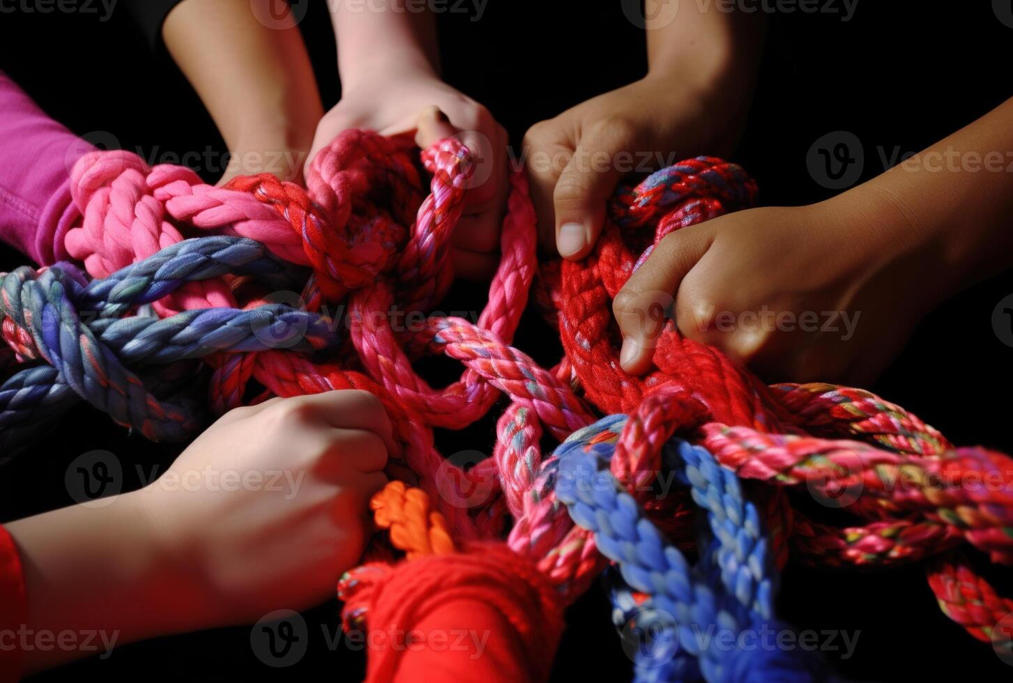 , peoples hands working together to untangle a knotted rope. Business teamwork. photo