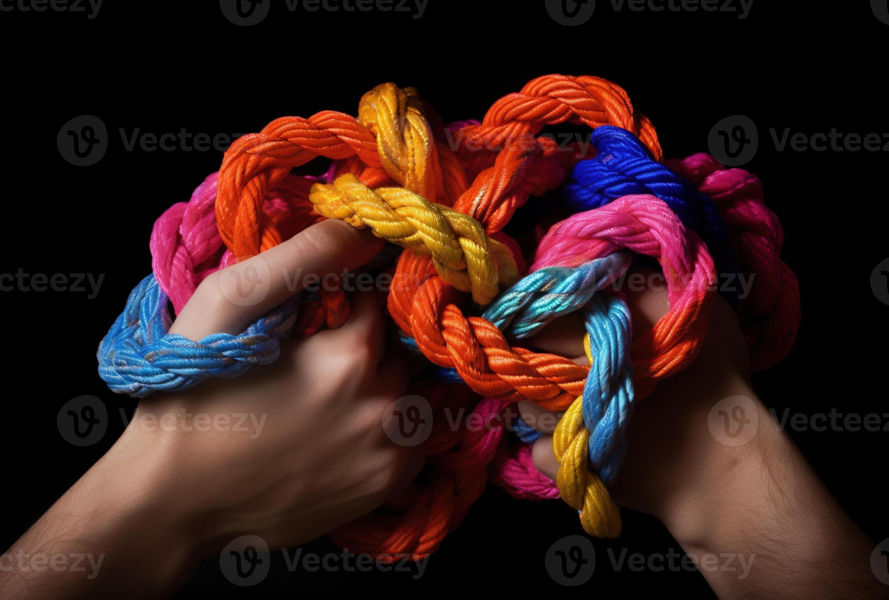 Generative AI, peoples hands working together to untangle a knotted rope. Business teamwork