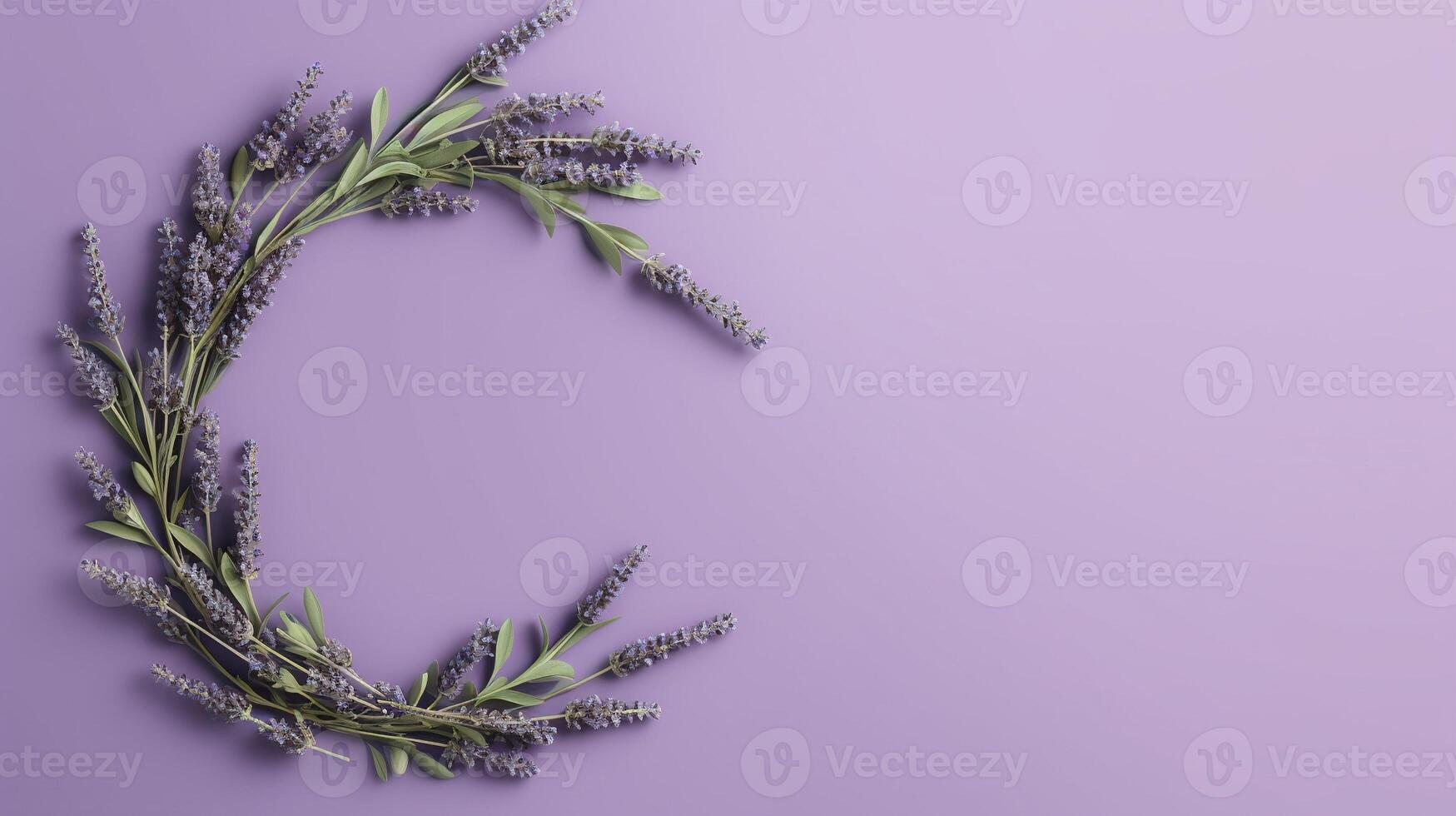 Generative AI, wreath of lavender branches flowers with copy space, natural organic floral frame violet background photo